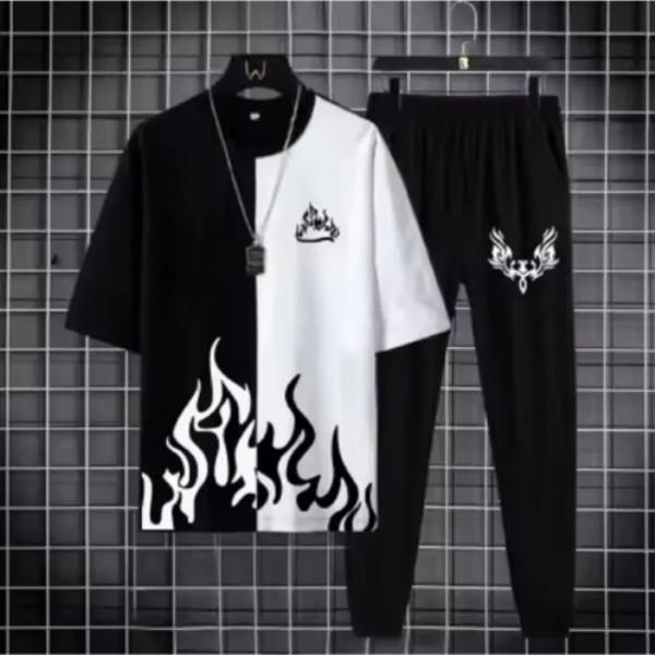 Trendy Urban Tracksuit – Split Flame Tee & Black Joggers Set (Flat 50% OFF)