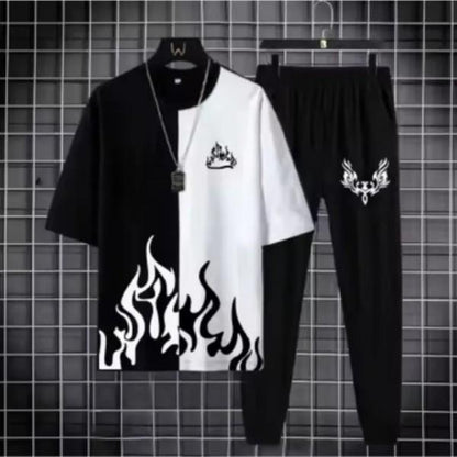 Trendy Urban Tracksuit – Split Flame Tee & Black Joggers Set (Flat 50% OFF)