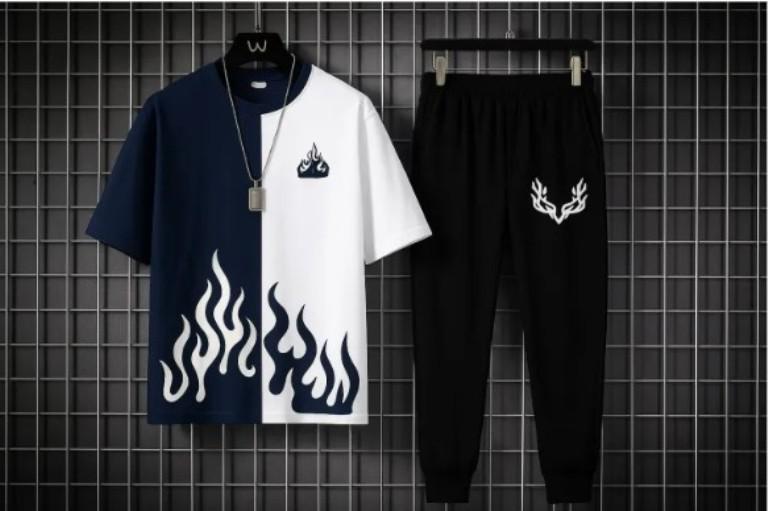 Trendy Urban Tracksuit – Split Flame Tee & Black Joggers Set (Flat 50% OFF)