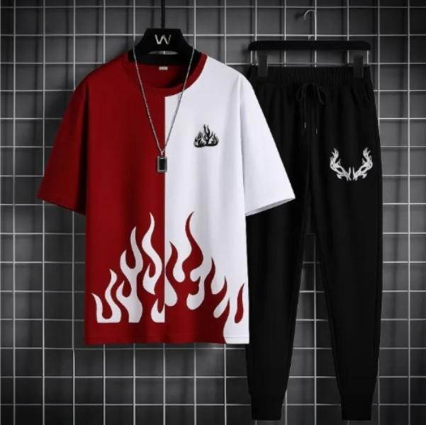 Trendy Urban Tracksuit – Split Flame Tee & Black Joggers Set (Flat 50% OFF)