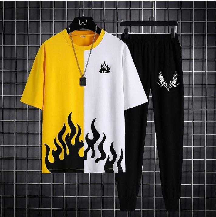 Trendy Urban Tracksuit – Split Flame Tee & Black Joggers Set (Flat 50% OFF)
