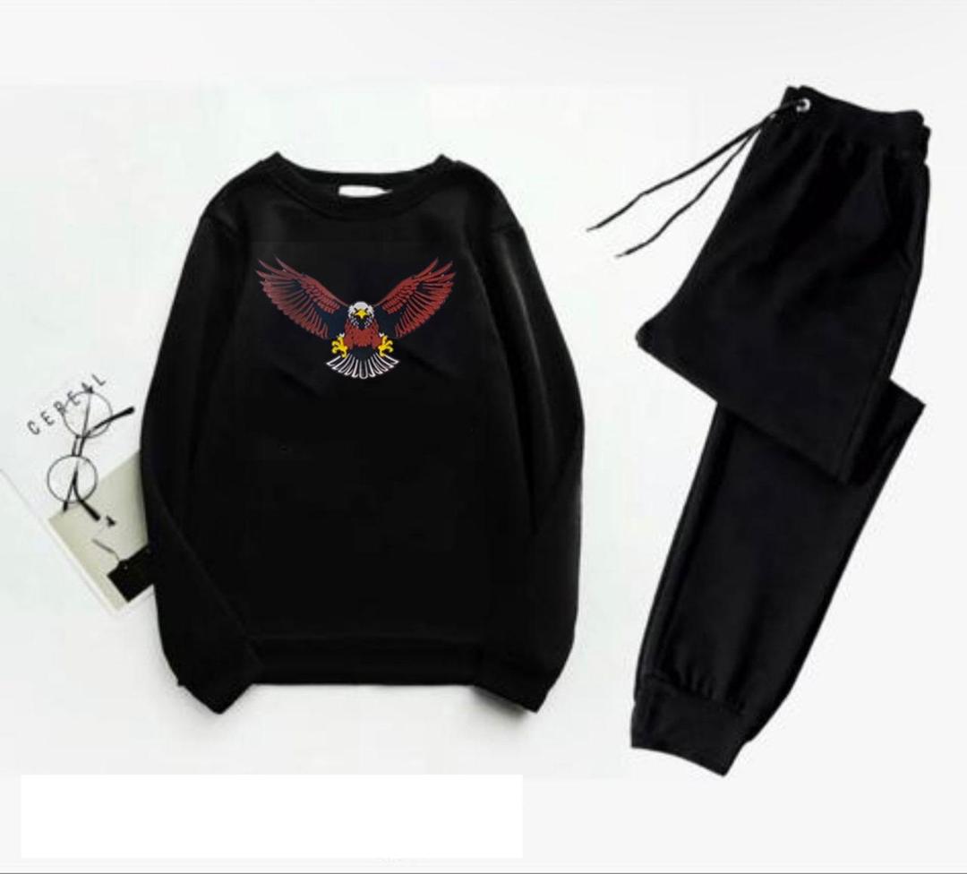 Men's Fleece Sweatshirt Track Suit - 2 Pcs Set in Black with Printed Design