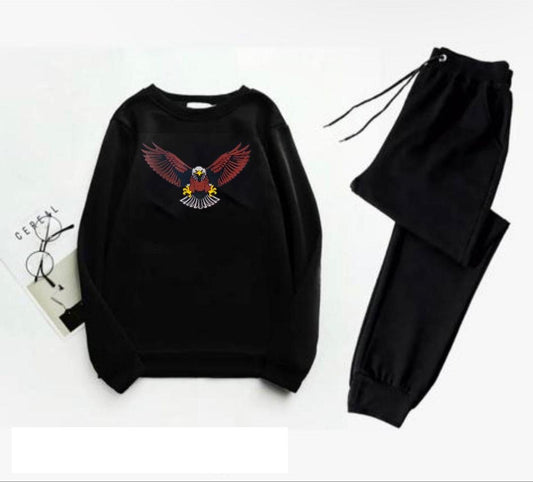Men's Fleece Sweatshirt Track Suit - 2 Pcs Set in Black with Printed Design