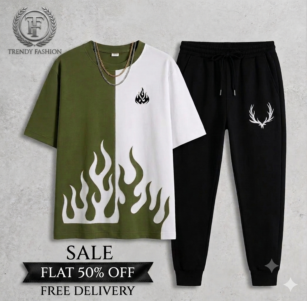 Trendy Urban Tracksuit – Split Flame Tee & Black Joggers Set (Flat 50% OFF)
