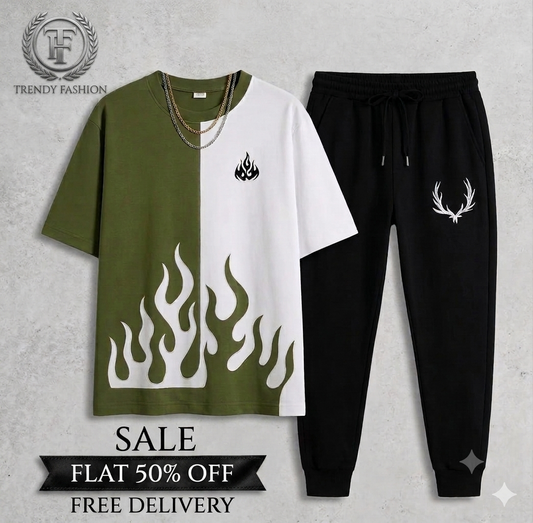 Trendy Urban Tracksuit – Split Flame Tee & Black Joggers Set (Flat 50% OFF)