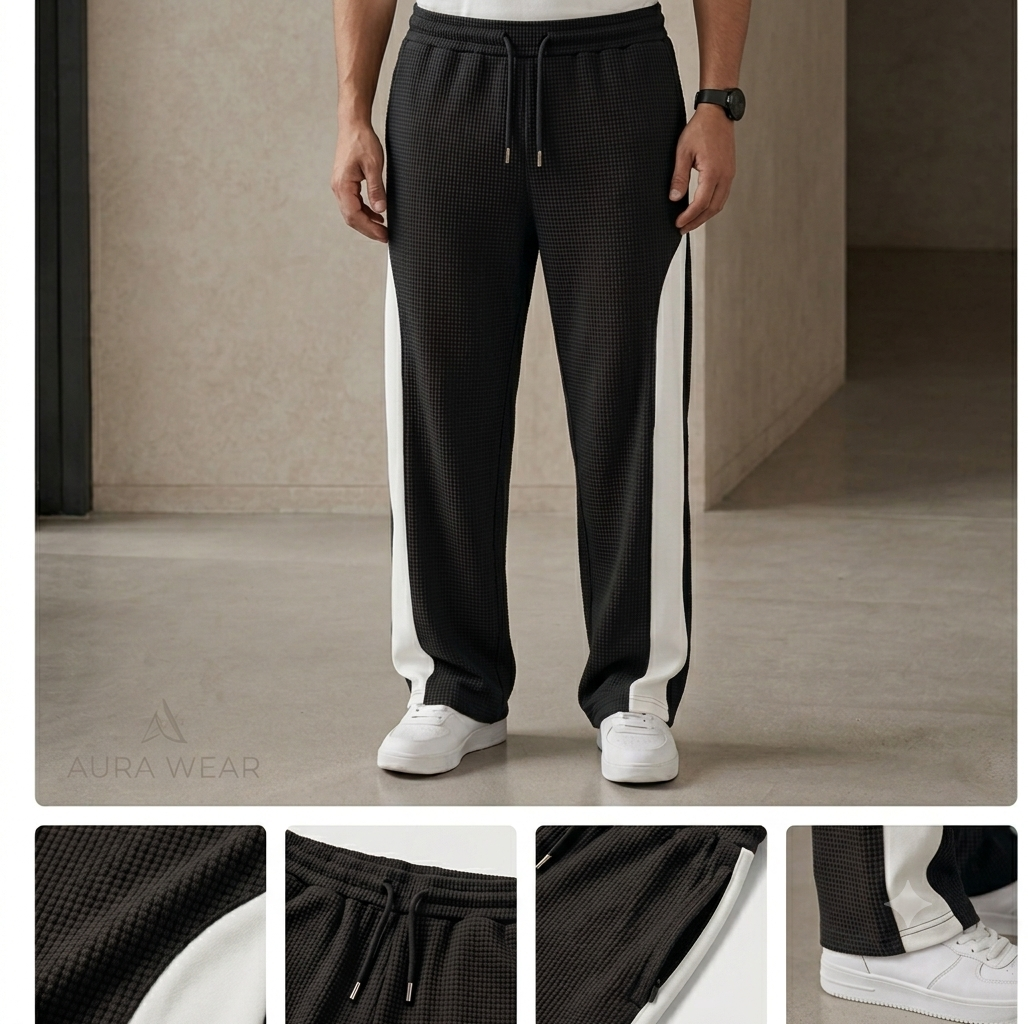 Urban Waffle Knit Wide-Leg Trousers with Contrast Side Stripe