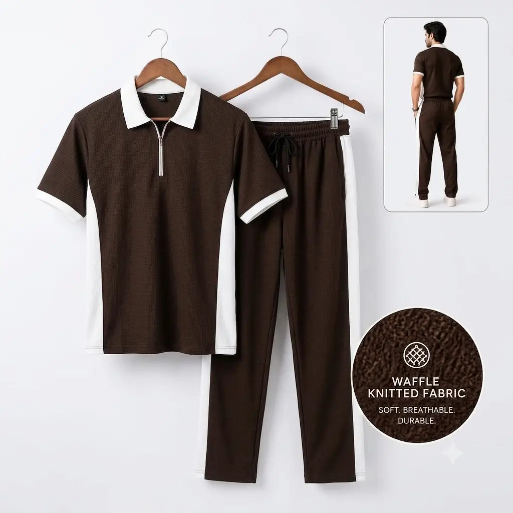 Men's Waffle Knit Tracksuit Set – Polo & Pants