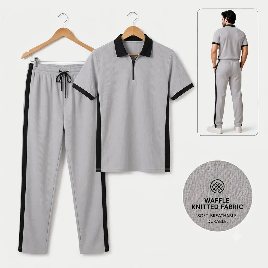 Men's Waffle Knit Tracksuit Set – Polo & Pants