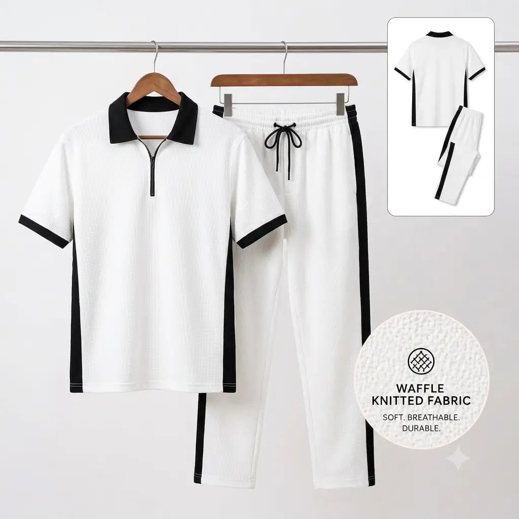 Men's Waffle Knit Tracksuit Set – Polo & Pants