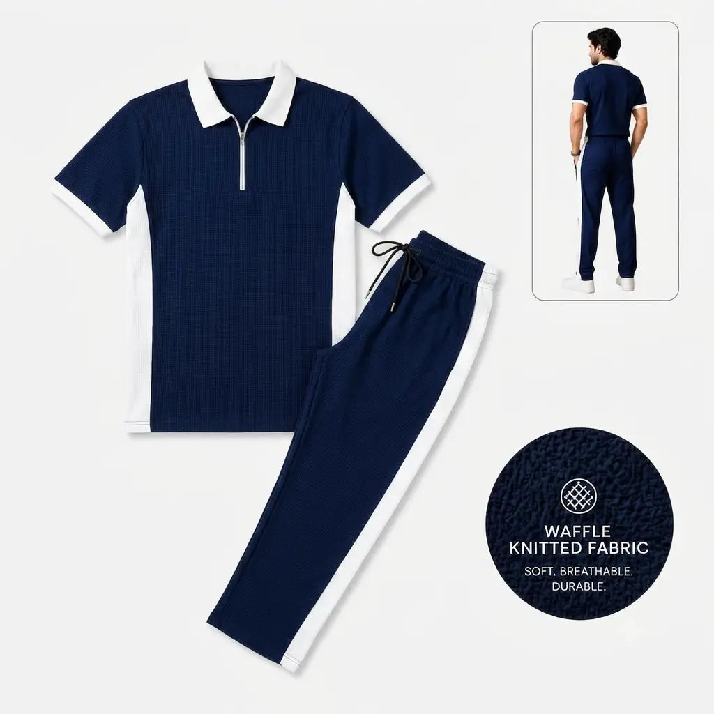 Men's Waffle Knit Tracksuit Set – Polo & Pants