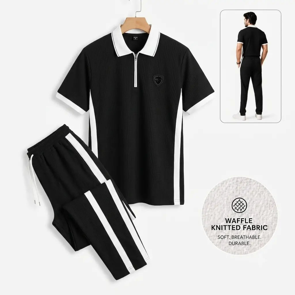Men's Waffle Knit Tracksuit Set – Polo & Pants